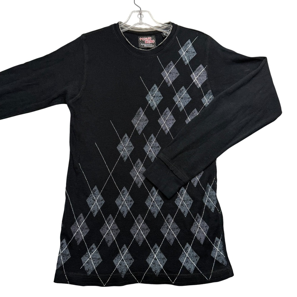 Point Zero Thermal Shirt Mens Medium Black Argyle Waffle Knit Long Sleeve Tee